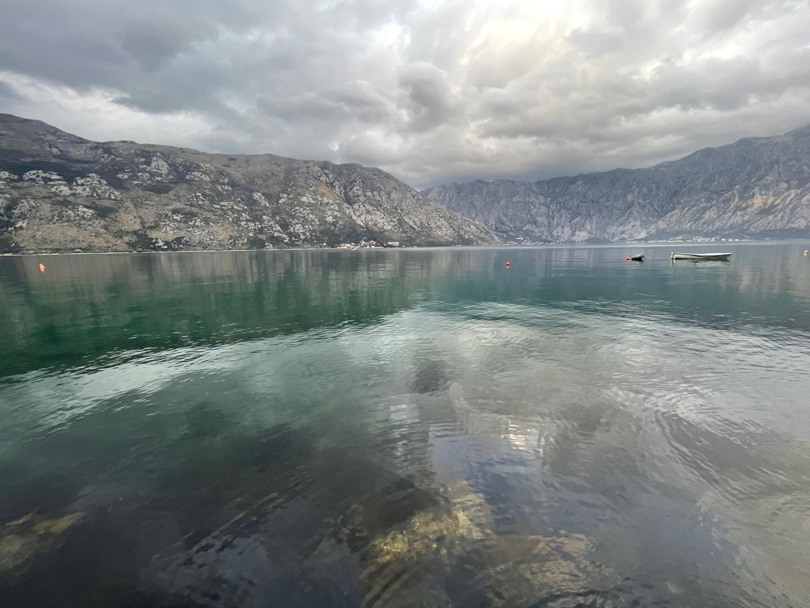 Calm water reflecting sky and hills