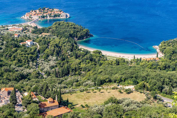 View over Sveti Stefan and the Budva Riviera from Praskvica Monastery
